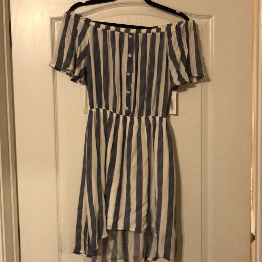 Off the shoulder blue striped dress